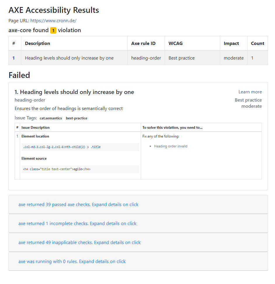 Ergebnisse des Barrierefreiheitstests als HTML-formatierter Report